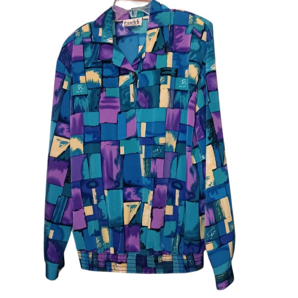 VINTAGE TEDDI 80s 90s Satin Blouse Top Shirt No Wrinkle XL Colorful Geometric - Picture 7 of 7
